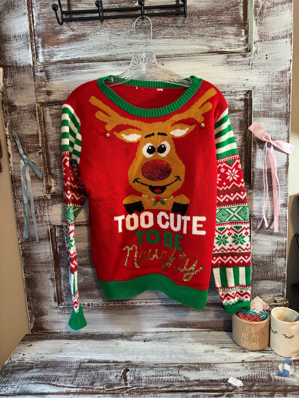 Red "Too Cute to Be Naughty" Reindeer Christmas Sweater